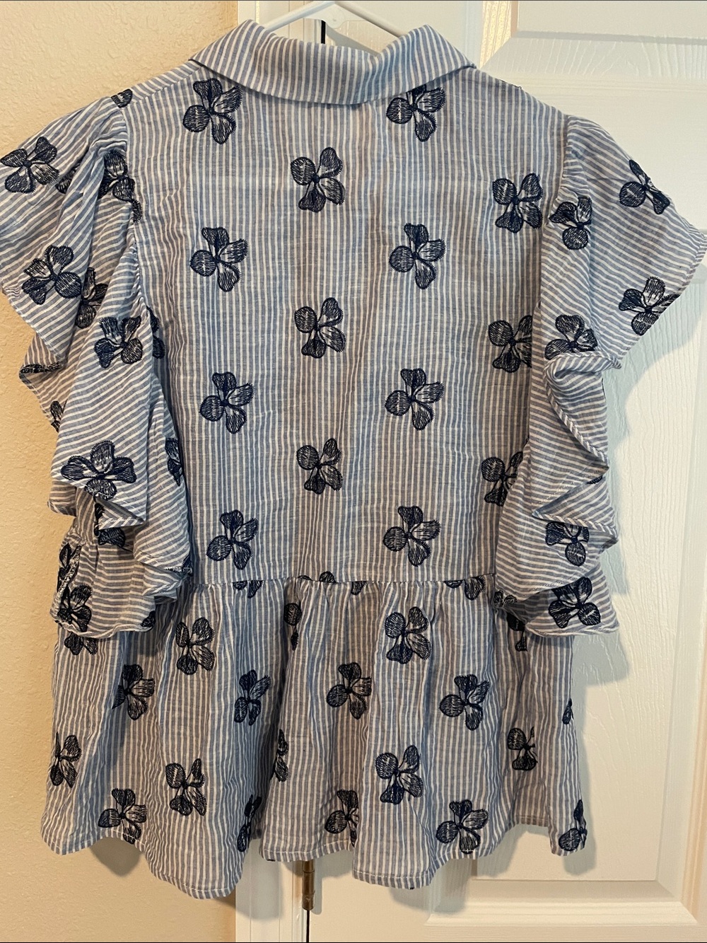 VOY Blue Stripe Embroidered Ruffle-Sleeve Blouse - Picture 3 of 9